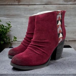 Sbicca Suede Ankle Bootie With Block Heel and Beaded Accent Kolli Wine Size 7.5